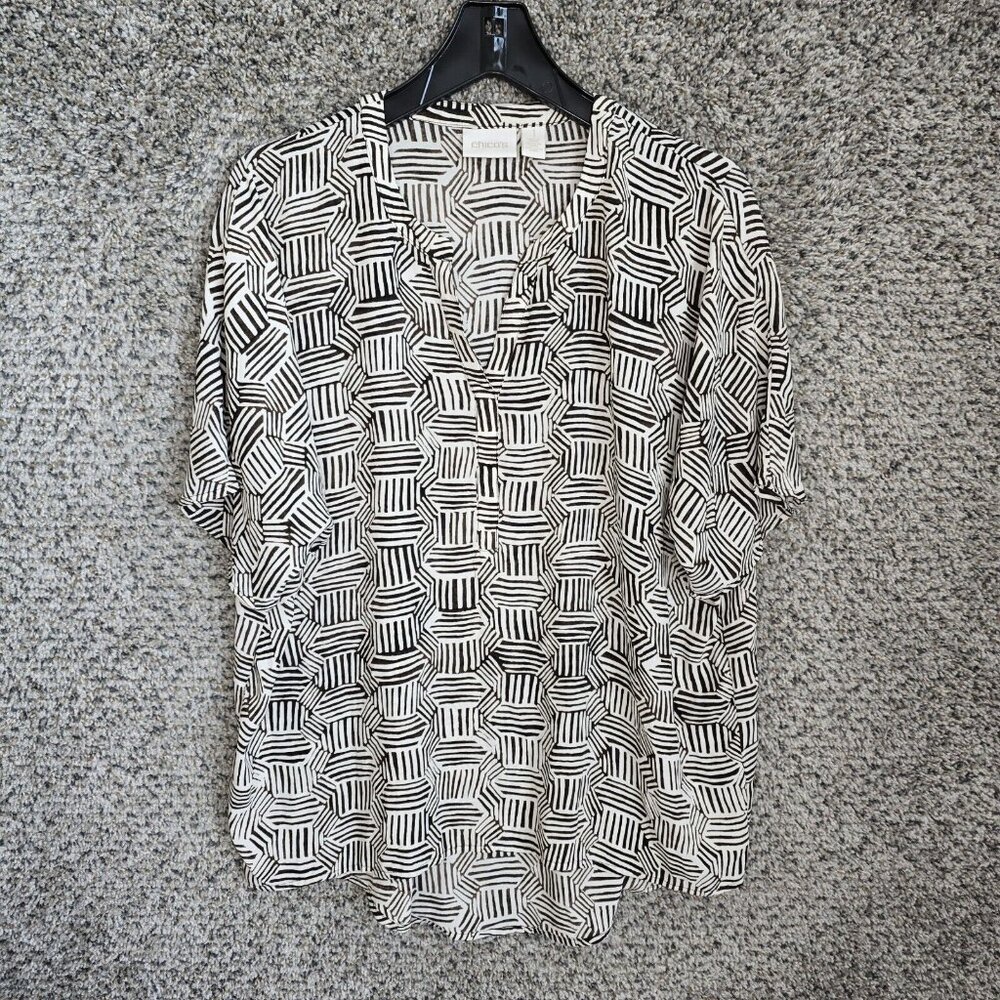 Chicos Top Womens‎ 1 US Medium Brown Printed Sheer Split Neck Blouse Ladies